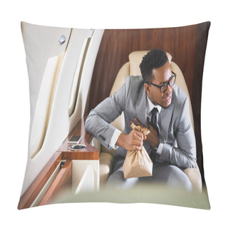 Personality  Nervous African American Businessman Holding Paper Bag While Having Panic Attack During Flight On Private Plane Pillow Covers