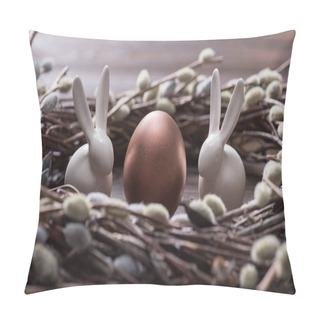 Personality  Bronze Easter Egg And Rabbits In Catkins Nest On Table Pillow Covers