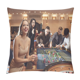 Personality  Happy Smiling Girl Smiling At The Roulette In A Casino Pillow Covers