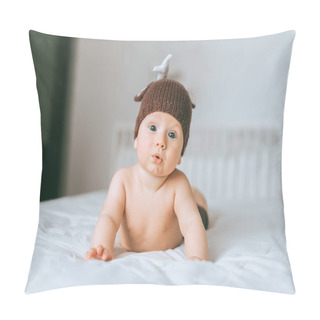 Personality  Surprised Emotional Infant Child In Knitted Deer Hat In Bed Pillow Covers