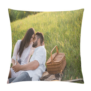 Personality  Happy Couple With Closed Eyes Embracing On Lawn Near Acoustic Guitar And Wicker Basket Pillow Covers