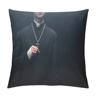 Personality  Cropped View Of Catholic Priest Touching Silver Cross On His Necklace On Black Background With Smoke Pillow Covers