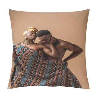 Personality  Sexy Naked Tribal Afro Woman Covered In Blanket Posing Near Man On Beige Pillow Covers