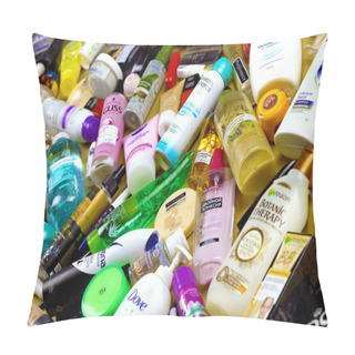 Personality  KHARKOV, UKRAINE - JANUARY 2, 2021: Many Used Bottles And Jars For Different Brandy Feminines. Containers For Shampoo And Lotions, Cans For Creams And Face Masks Pillow Covers