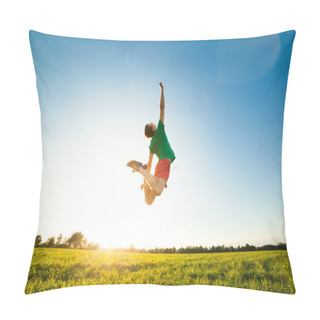 Personality  Young Man Jumping On Meadow With Dandelions Pillow Covers