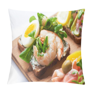Personality  Close Up Of Smorrebrod Sandwich With Tasty Shrimps On White  Pillow Covers
