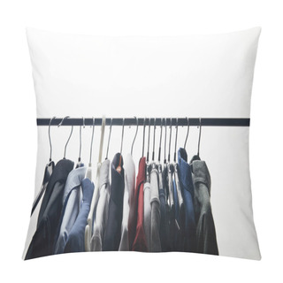 Personality  Row Of Different Shirts On Hangers Isolated On White Pillow Covers