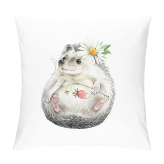 Personality  Hedgehog Cute Animal With Daisy Flower On His Head, Isolated Watercolor Illustration Pillow Covers