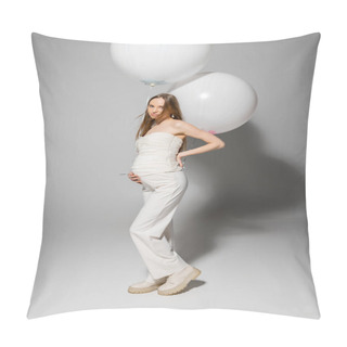 Personality  Full Length Of Trendy Expecting Mother Touching Belly And Looking At Camera While Holding White Festive Balloons During Gender Reveal Surprise Party On Grey Background, Fashionable Pregnancy Attire Pillow Covers