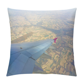 Personality  ITALY, MILAN - November 1, 2018: Wizz Air Aircraft Wing In Front Of Sky And Fields During A Fly Pillow Covers