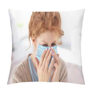 Personality  Woman Wearing Mask In Order Not To Communicate Disease To Relatives Pillow Covers