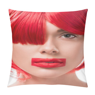 Personality  Beautiful Woman With Red Hair And Red Lips In Shape Of Rectangle Looking At Camera Isolated On White Pillow Covers