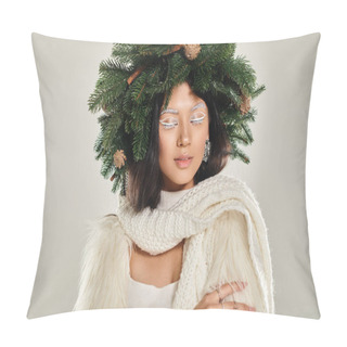 Personality  Winter Beauty, Charming Woman With Natural Pine Wreath Posing In White Clothes On Grey Backdrop Pillow Covers