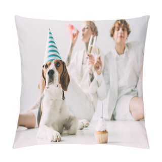 Personality  Selective Focus Of Cute Beagle Dog In Party Cap Near Couple Holding Glasses Of Champagne On Grey Background  Pillow Covers
