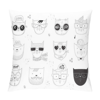 Personality  Vector Collection Of Line Drawing Hipster Cats. Doodle Illustration. Friendship Day, Valentine's, Anniversary, Birthday, Children's Or Teenager Party, Notebook Stickers Pillow Covers