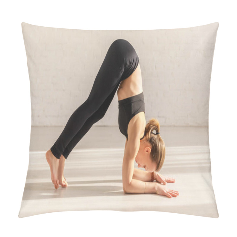 Personality  young woman with barefoot in dolphin pose practicing yoga  pillow covers