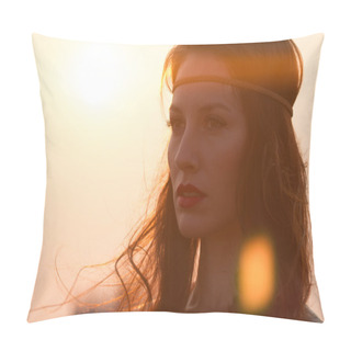 Personality  Portrait Of A Hippie Woman With Headband Looking Far Away At Sunset With Windy Hair. Pillow Covers