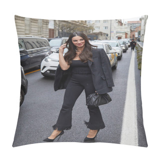 Personality  MILAN, ITALY - FEBRUARY 26, 2023: Woman With Black Jacket And Trousers With Fringes Before Luisa Spagnoli Fashion Show, Milan Fashion Week Street Style Pillow Covers