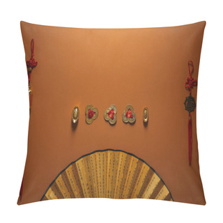 Personality  Traditional Golden Chinese Decorations And Fan With Hieroglyphs On Brown Background   Pillow Covers