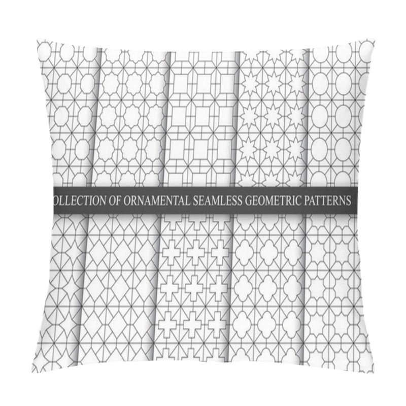 Personality  Collection of seamless ornamental geometric minimalistic patterns. White simple oriental grid repatable backgrounds. Symmetric outline textures pillow covers