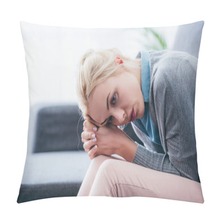 Personality  Selective Focus Of Upset Woman With Folded Hands Sitting At Home  Pillow Covers