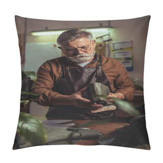 Personality  Bearded Senior Shoemaker Holding Detail Of Unfinished Shoe In Workshop Pillow Covers