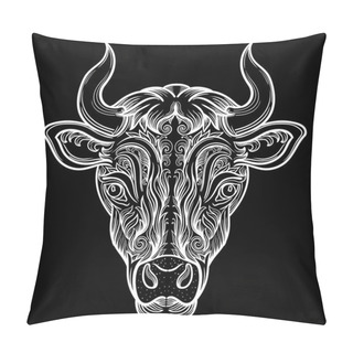 Personality  Bull With Decorative Pattern Ellement. White On Black Background. Line Art Zentangle. Coloring. Vector Clipart Pillow Covers