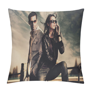 Personality  Attractive Young Couple Wearing Sunglasses Pillow Covers
