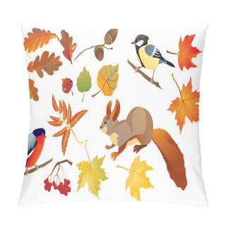 Personality  Set Of Isolated Autumn Forest Leafs And Little Birds And Animals Pillow Covers