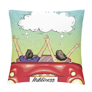 Personality  Happy Couple In A Car Driving Away. Vector Illustration In Retro Pop Art Style. Love Romance Concept Pillow Covers