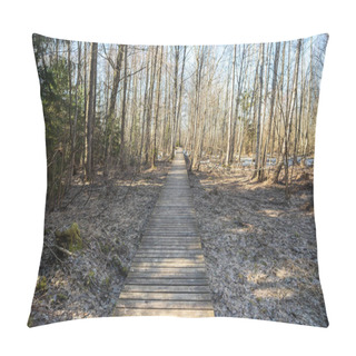 Personality  A Serene Wooden Pathway Leading Through A Tranquil, Dense Forest Surrounded By Tall, Bare Trees. Pillow Covers
