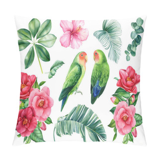 Personality  Set Of Flowers, Tropical Leaves Palm And Parrots Lovebirds On Isolated White Background, Watercolor Illustration Pillow Covers
