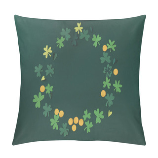 Personality  Top View Of Paper Decoration Of Coins And Shamrock For St Patricks Day Isolated On Green Pillow Covers