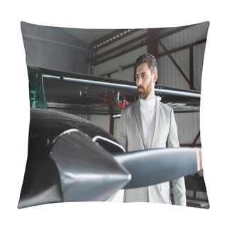 Personality  Bearded Man In Grey Suit Looking At Modern Helicopter  Pillow Covers