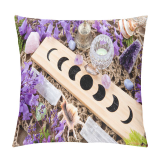 Personality  Witch Pagan Moon Phases Altar With Crystals Of Selenite And Amethyst, With Candle And Purple Flowers Pillow Covers