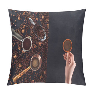 Personality Partial View Of Person Holding Cup Of Coffee And Roasted Coffee Beans With Coffee Pot, Scoop And Sugar  Pillow Covers