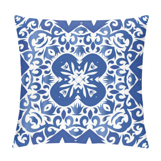 Personality  Decorative Color Ceramic Azulejo Tiles. Vector Seamless Pattern Elements. Bathroom Design. Blue Folk Ethnic Ornament For Print, Web Background, Surface Texture, Towels, Pillows, Wallpaper. Pillow Covers