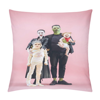 Personality  Halloween Family. Happy Father, Mother And Children Girls In Halloween Costume And Makeup Pillow Covers
