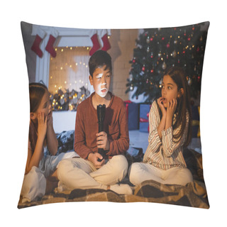 Personality  Asian Boy With Flashlight Talking Near Scared Kids During Christmas Celebration At Home  Pillow Covers
