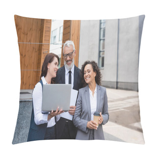Personality  Smiling Real Estate Agent Holding Laptop Near Happy Multiethnic Business Partners Outdoors Pillow Covers