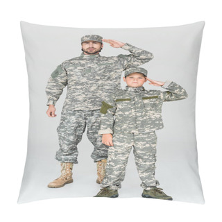 Personality  Family In Military Uniforms Saluting And Looking At Camera On Grey Background Pillow Covers
