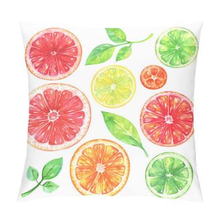 Personality   Hand Painted Citrus Fruits Set. Watercolor Grapefruit, Orange, Lemon, Kumquat, Lime And Green Leafs On White Background Pillow Covers