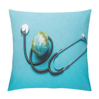 Personality  Globe And Stethoscope On Blue Background, World Health Day Concept Pillow Covers