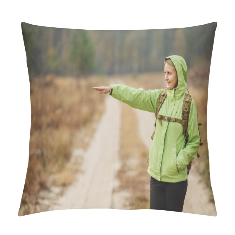 Personality  Woman With Hiking Equipment Walking In Forest Pillow Covers