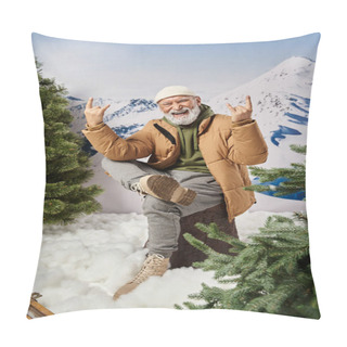 Personality  Happy Santa With White Beard Sitting On Tree Stump With Rock Symbol Gesture, Winter Concept Pillow Covers