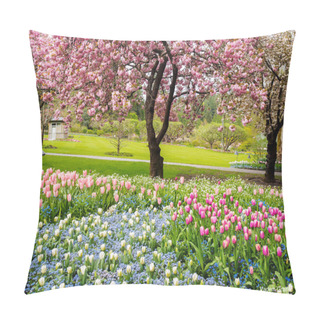 Personality  Tulip Border Under Blossoming Cherry Trees In The Spring Garden Pillow Covers