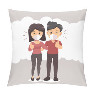 Personality  Air Pollution Concept Couple Wearing Protective Face Mask Against Smoke On Background For Design. Pillow Covers