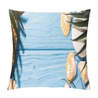 Personality  Top View Of Seashells And Palm Leaves On Wooden Blue Background, Panoramic Shot Pillow Covers