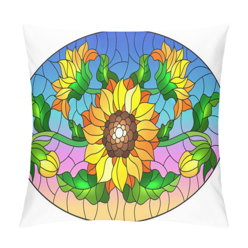 Personality  Illustration in stained glass style with a bouquet of sunflowers, flowers,buds and leaves of the flower on blue background, oval image pillow covers