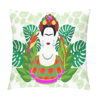 Personality  Frida Kahlo Vector Portrait, Graphic Interpretation With Parrots And  Exotic Floral In The Green Background Pillow Covers